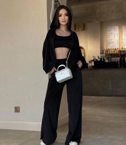 set trening catifea elegant bumbac larg oversize ramona badescu buticul evei kim black negru cu gluga