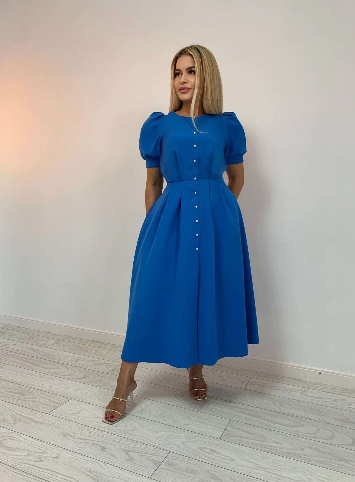 Rochie eleganta ocazie nunta botez eveniment mid size la genunchi scurta sexy bleu albastru