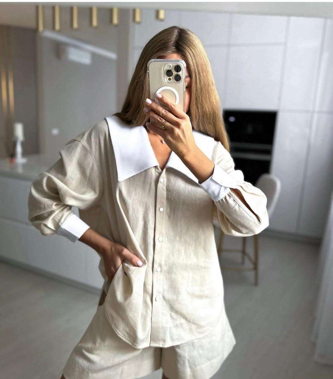 Set camasa pantaloni scurti din in elegant casual beige