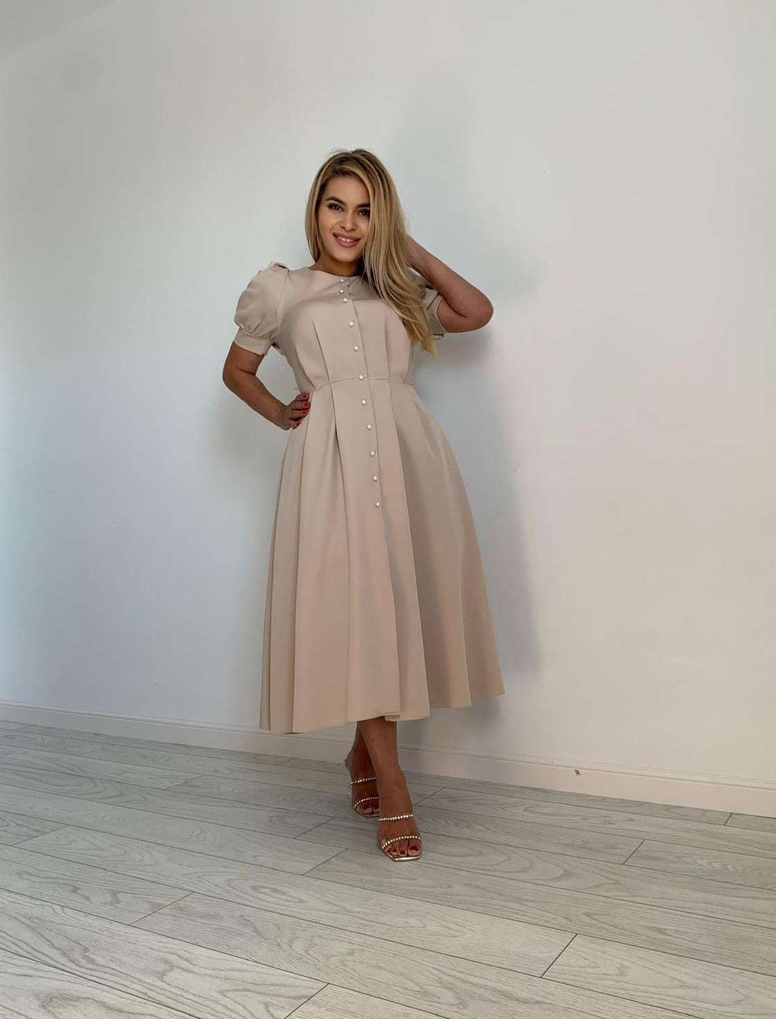 Rochie eleganta ocazie nunta botez eveniment lunga sexy beige