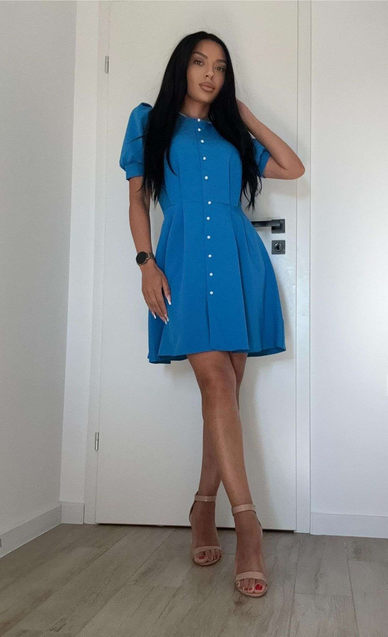 Rochie eleganta ocazie nunta botez eveniment mid size la genunchi scurta sexy blue albastru