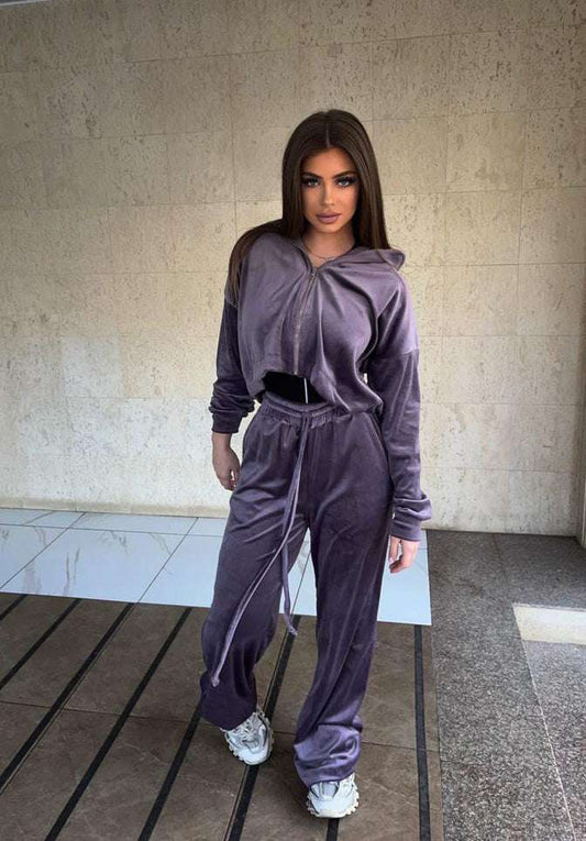 set catifea dama elegant sport cu fermoar gluga larg pantaloni evazati