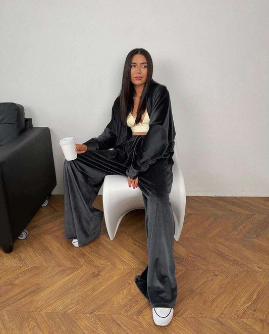 set catifea dama negru cu fermoar larg oversize elgant pantaloni evazati 