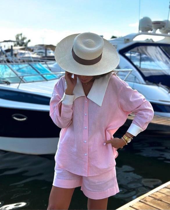 Set camasa pantaloni scurti din in elegant casual pink roz