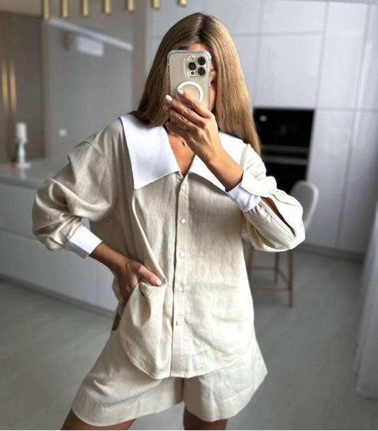 Set camasa pantaloni scurti din in elegant casual beige bej