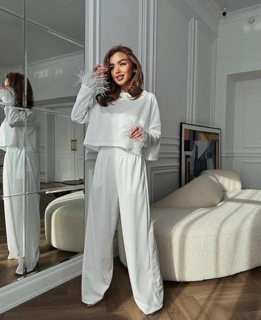 set trening bumbac cu pene fulgi elegant larg feather alb
