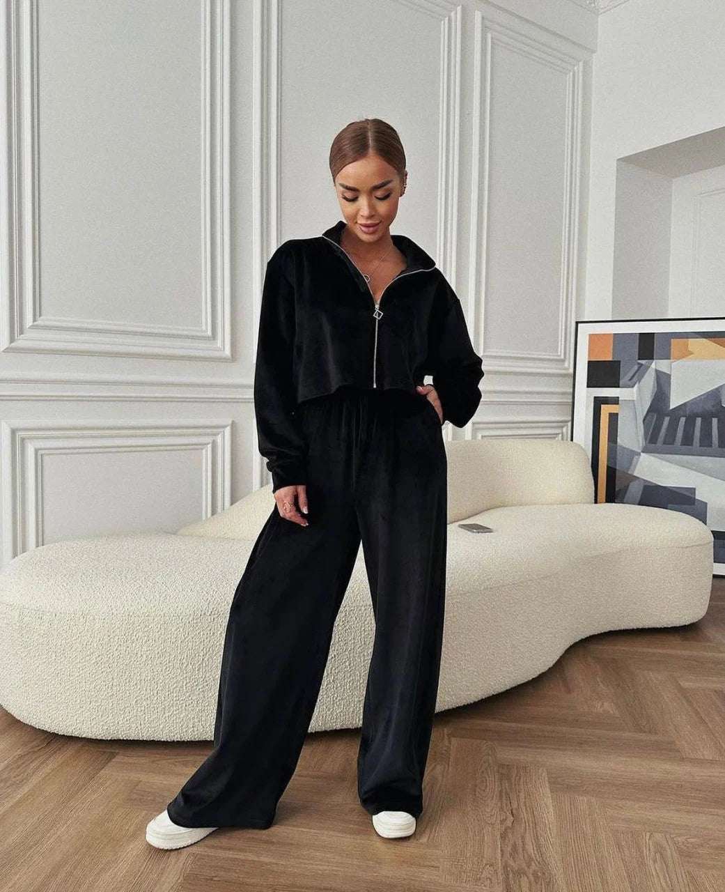 trening catifea negru cu fermoar lejer oversize dama buicul evei