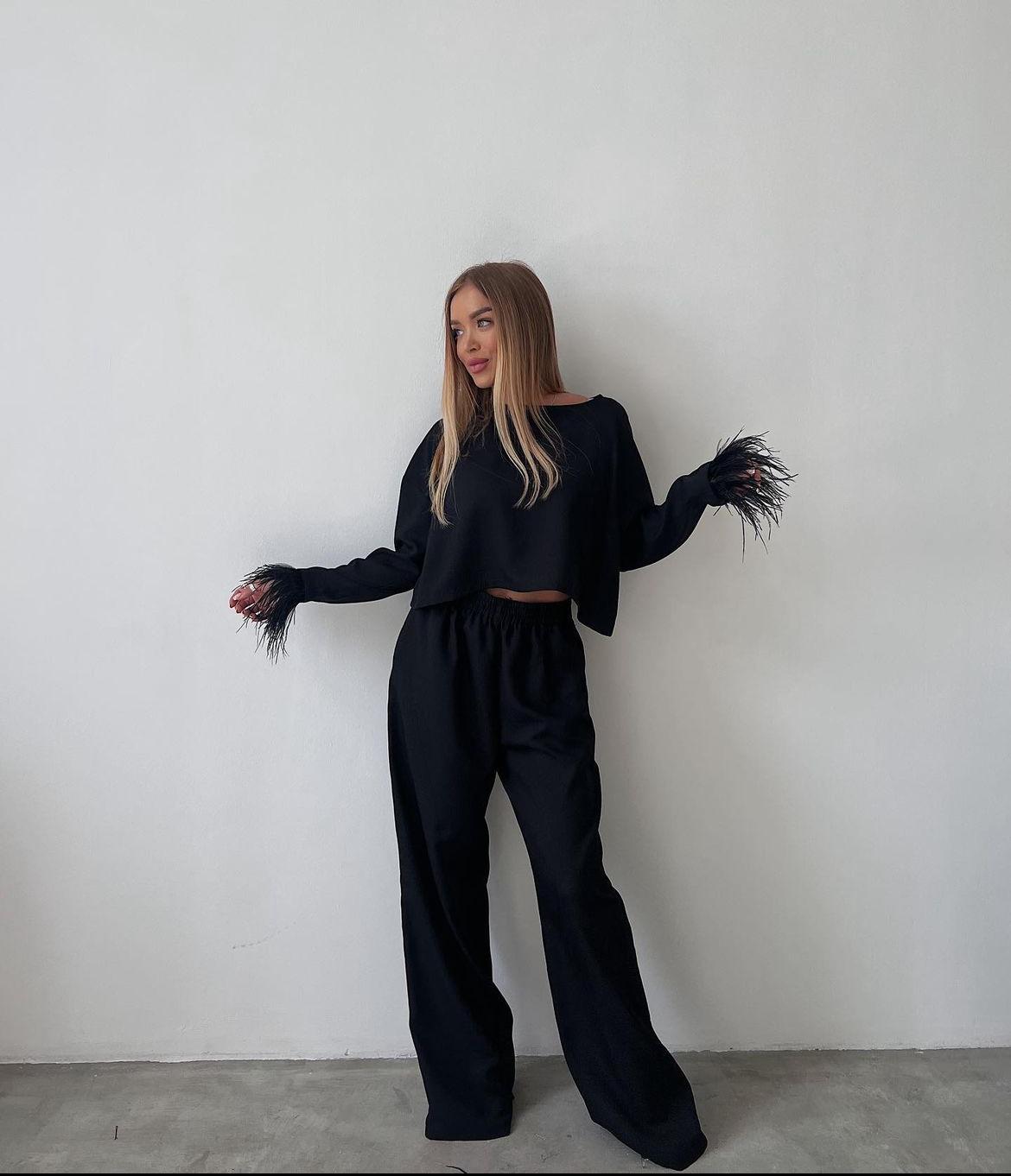 set trening bumbac cu pene fulgi elegant larg black negru